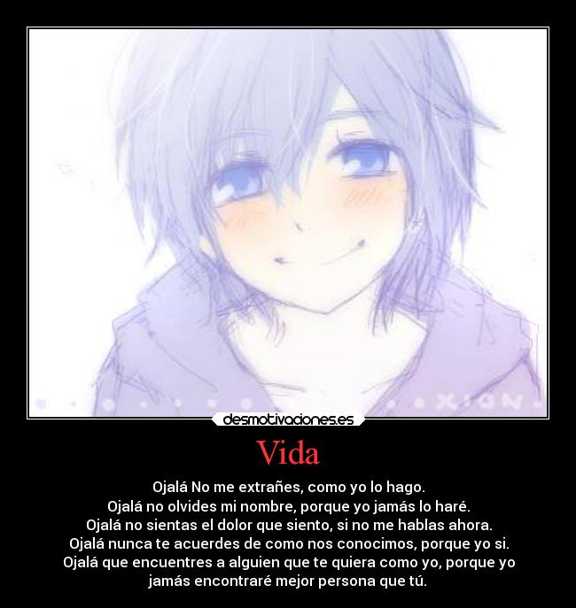 Vida - Ojalá No me extrañes, como yo lo hago.
Ojalá no olvides mi nombre, porque yo jamás lo haré.
Ojalá no sientas el dolor que siento, si no me hablas ahora.
Ojalá nunca te acuerdes de como nos conocimos, porque yo si.
Ojalá que encuentres a alguien que te quiera como yo, porque yo
jamás encontraré mejor persona que tú.