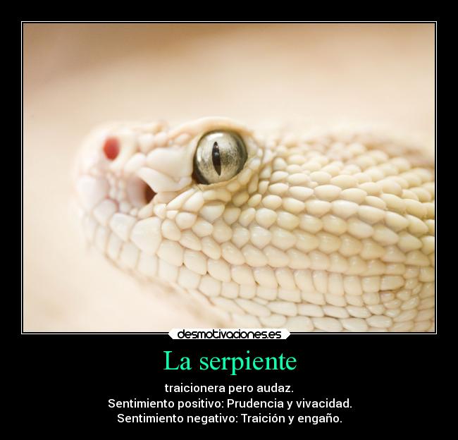 La serpiente - traicionera pero audaz.
Sentimiento positivo: Prudencia y vivacidad.
Sentimiento negativo: Traición y engaño.