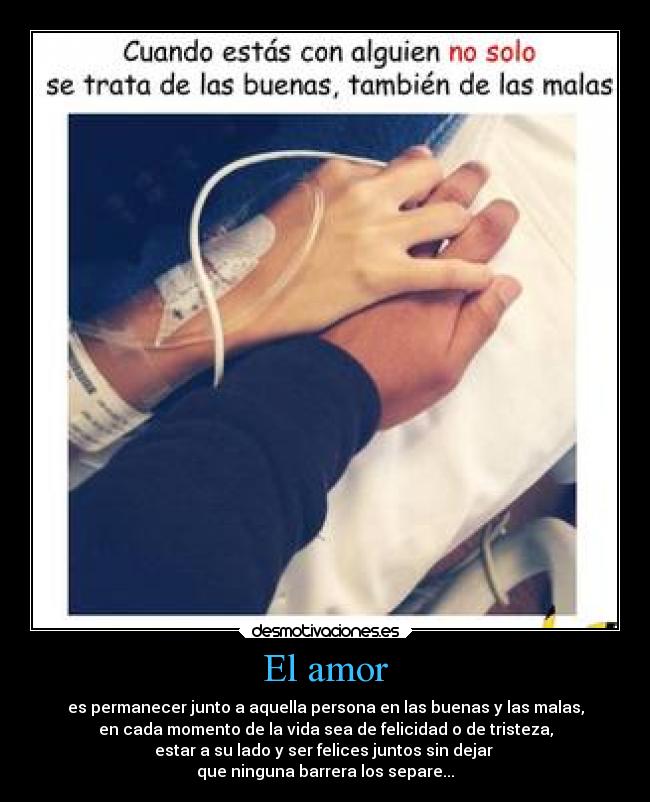 El amor - es permanecer junto a aquella persona en las buenas y las malas,
en cada momento de la vida sea de felicidad o de tristeza,
estar a su lado y ser felices juntos sin dejar
que ninguna barrera los separe...