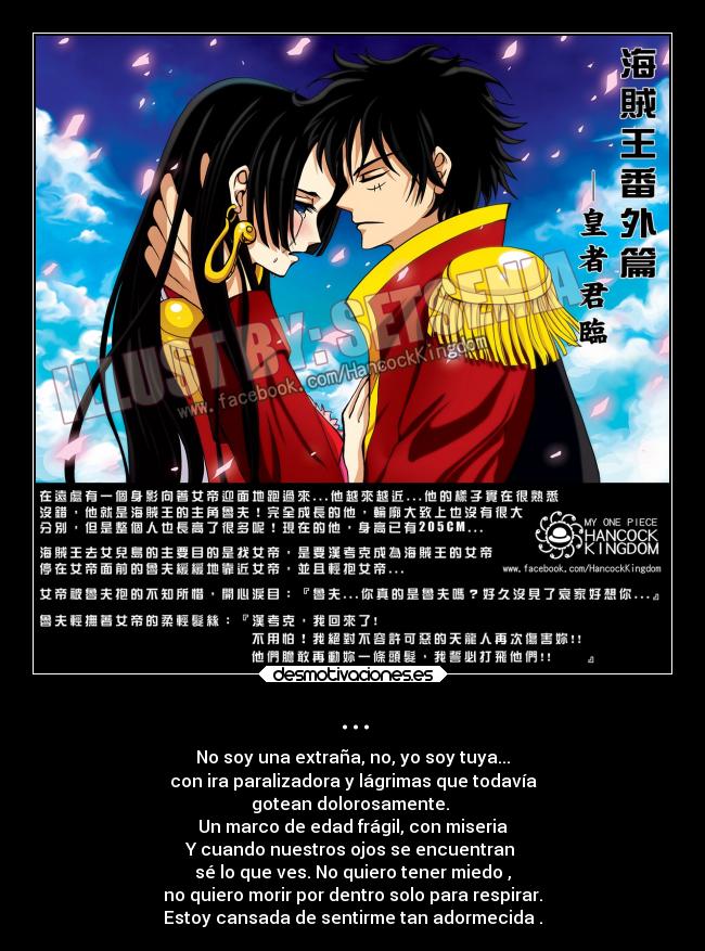 ... - No soy una extraña, no, yo soy tuya...
con ira paralizadora y lágrimas que todavía
gotean dolorosamente.
Un marco de edad frágil, con miseria
Y cuando nuestros ojos se encuentran
sé lo que ves. No quiero tener miedo ,
no quiero morir por dentro solo para respirar.
Estoy cansada de sentirme tan adormecida .