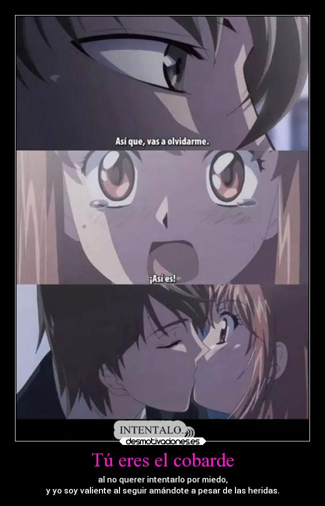 Tú eres el cobarde - al no querer intentarlo por miedo,
y yo soy valiente al seguir amándote a pesar de las heridas.