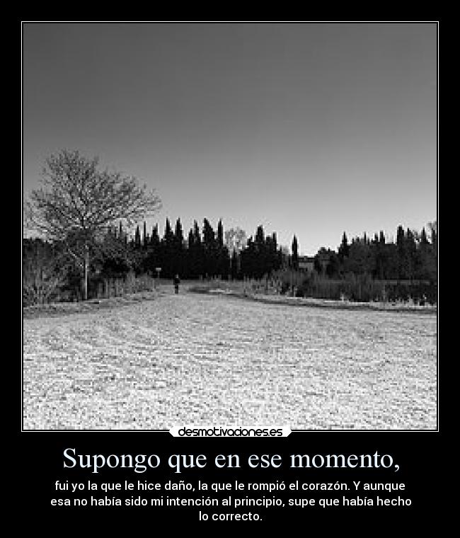 Supongo que en ese momento, - fui yo la que le hice daño, la que le rompió el corazón. Y aunque
esa no había sido mi intención al principio, supe que había hecho
lo correcto.