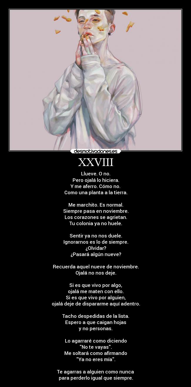 XXVIII - Llueve. O no.
Pero ojalá lo hiciera.
Y me aferro. Cómo no.
Como una planta a la tierra.
Me marchito. Es normal.
Siempre pasa en noviembre.
Los corazones se agrietan.
Tu colonia ya no huele.
Sentir ya no nos duele.
Ignorarnos es lo de siempre.
¿Olvidar?
¿Pasará algún nueve?
Recuerda aquel nueve de noviembre.
Ojalá no nos deje.
Si es que vivo por algo,
ojalá me maten con ello.
Si es que vivo por alguien,
ojalá deje de dispararme aquí adentro.
Tacho despedidas de la lista.
Espero a que caigan hojas
y no personas.
Lo agarraré como diciendo
No te vayas.
Me soltará como afirmando
Ya no eres mía.
Te agarras a alguien como nunca
para perderlo igual que siempre.