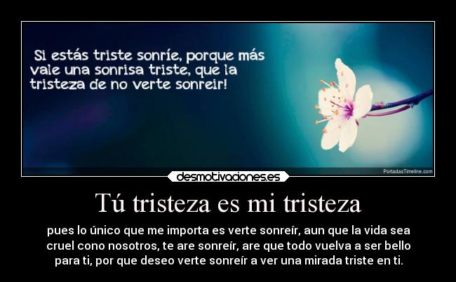 Tú tristeza es mi tristeza - pues lo único que me importa es verte sonreír, aun que la vida sea
cruel cono nosotros, te are sonreír, are que todo vuelva a ser bello
para ti, por que deseo verte sonreír a ver una mirada triste en ti.
