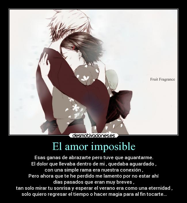 El amor imposible - Esas ganas de abrazarte pero tuve que aguantarme.
El dolor que llevaba dentro de mi , quedaba aguardado ,
con una simple rama era nuestra conexión ,
Pero ahora que te he perdido me lamento por no estar ahí
días pasados que eran muy breves ,
tan solo mirar tu sonrisa y esperar el verano era como una eternidad ,
solo quiero regresar el tiempo o hacer magia para al fin tocarte...