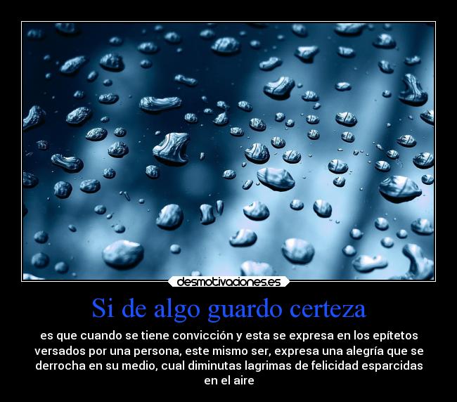 Si de algo guardo certeza - es que cuando se tiene convicción y esta se expresa en los epítetos
versados por una persona, este mismo ser, expresa una alegría que se
derrocha en su medio, cual diminutas lagrimas de felicidad esparcidas
en el aire
