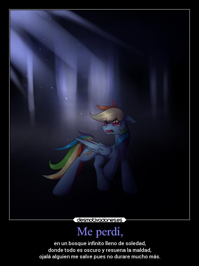 Me perdí, - en un bosque infinito lleno de soledad,
donde todo es oscuro y resuena la maldad,
ojalá alguien me salve pues no durare mucho más.