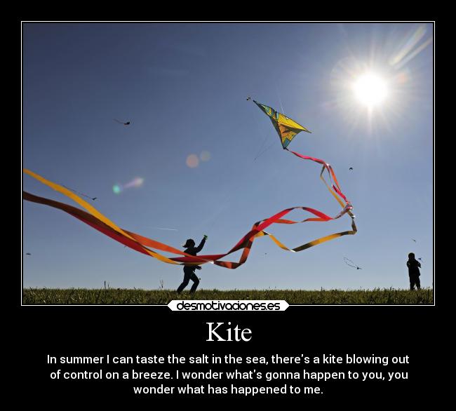 Kite - In summer I can taste the salt in the sea, theres a kite blowing out
of control on a breeze. I wonder whats gonna happen to you, you
wonder what has happened to me.