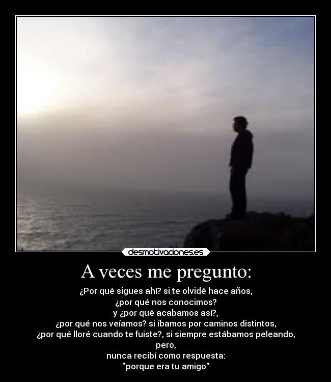 A veces me pregunto: - ¿Por qué sigues ahí? si te olvidé hace años,
¿por qué nos conocimos?
y ¿por qué acabamos así?,
¿por qué nos veíamos? si íbamos por caminos distintos,
¿por qué lloré cuando te fuiste?, si siempre estábamos peleando,
pero,
nunca recibí como respuesta:
porque era tu amigo