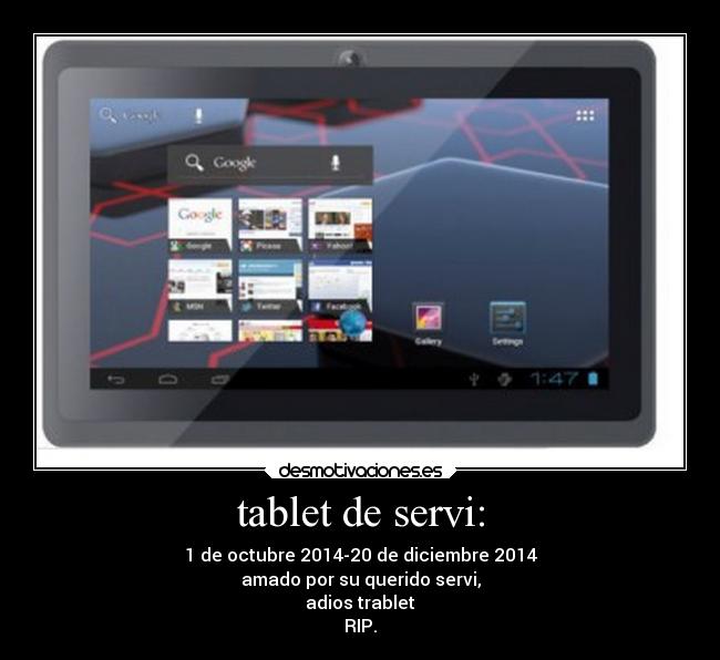 tablet de servi: - 1 de octubre 2014-20 de diciembre 2014
amado por su querido servi,
adios trablet
RIP.