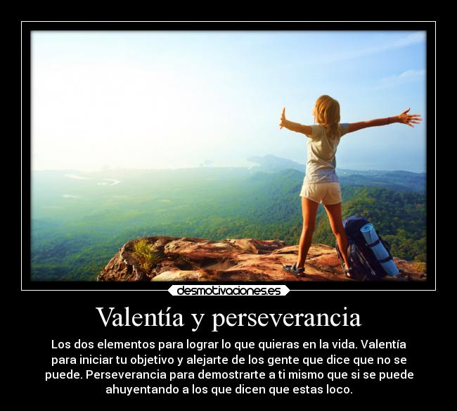 Valentía y perseverancia - Los dos elementos para lograr lo que quieras en la vida. Valentía
para iniciar tu objetivo y alejarte de los gente que dice que no se
puede. Perseverancia para demostrarte a ti mismo que si se puede
ahuyentando a los que dicen que estas loco.