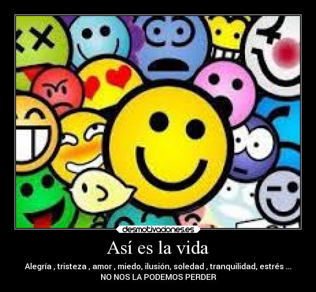 Así es la vida - Alegría , tristeza , amor , miedo, ilusión, soledad , tranquilidad, estrés ...
NO NOS LA PODEMOS PERDER