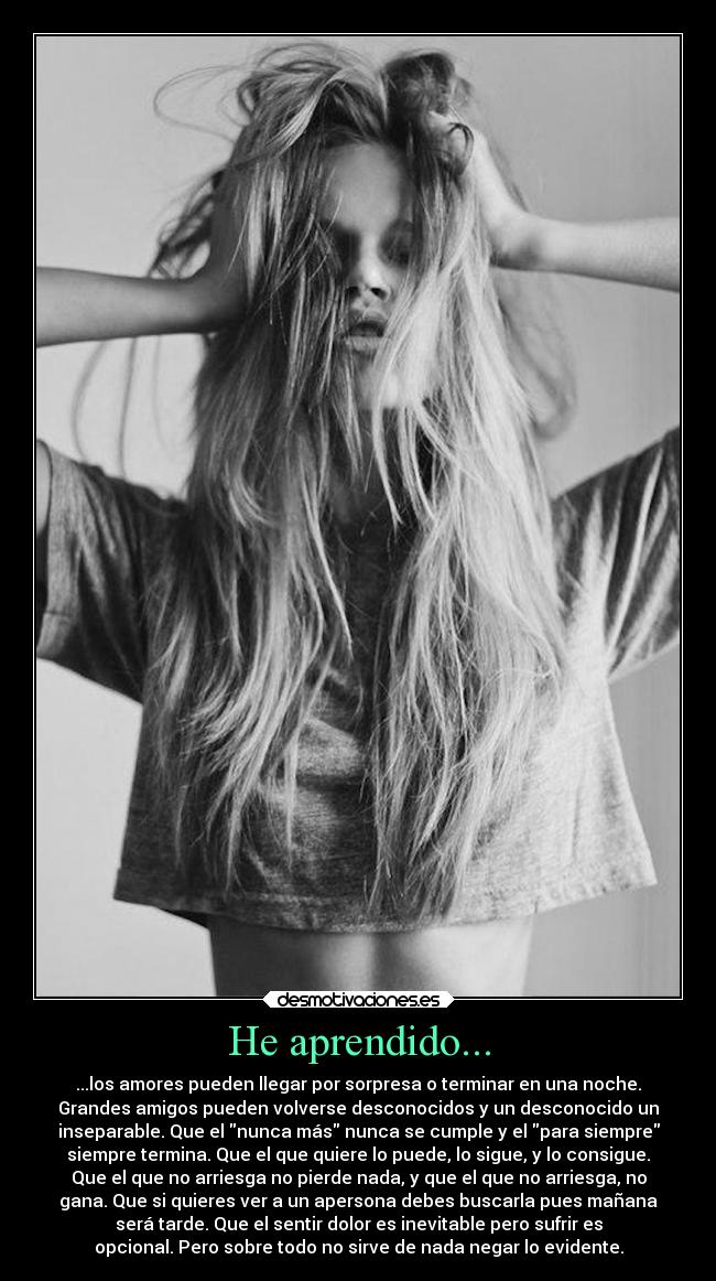He aprendido... - ...los amores pueden llegar por sorpresa o terminar en una noche.
Grandes amigos pueden volverse desconocidos y un desconocido un
inseparable. Que el nunca más nunca se cumple y el para siempre
siempre termina. Que el que quiere lo puede, lo sigue, y lo consigue.
Que el que no arriesga no pierde nada, y que el que no arriesga, no
gana. Que si quieres ver a un apersona debes buscarla pues mañana
será tarde. Que el sentir dolor es inevitable pero sufrir es
opcional. Pero sobre todo no sirve de nada negar lo evidente.