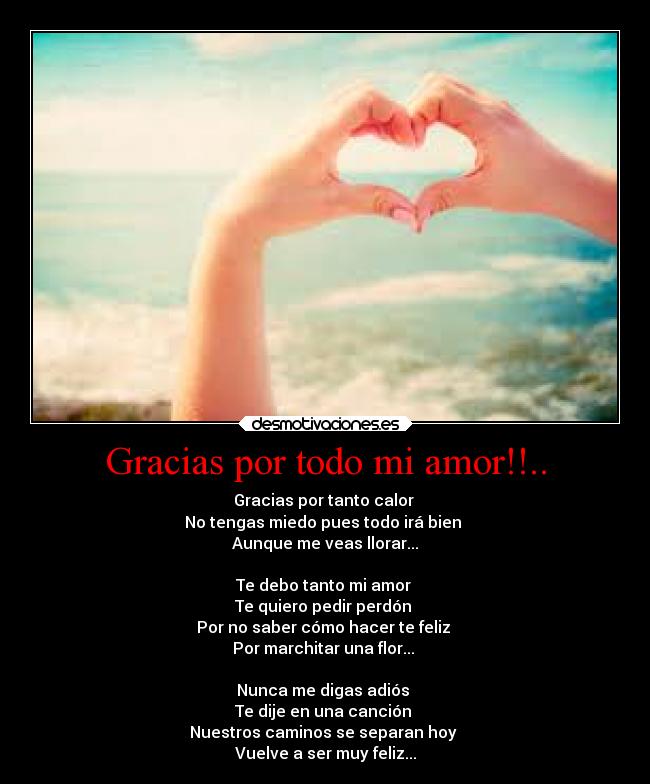 Gracias por todo mi amor!!.. - Gracias por tanto calor 
No tengas miedo pues todo irá bien 
Aunque me veas llorar...

Te debo tanto mi amor 
Te quiero pedir perdón 
Por no saber cómo hacer te feliz 
Por marchitar una flor... 

Nunca me digas adiós 
Te dije en una canción 
Nuestros caminos se separan hoy 
Vuelve a ser muy feliz...