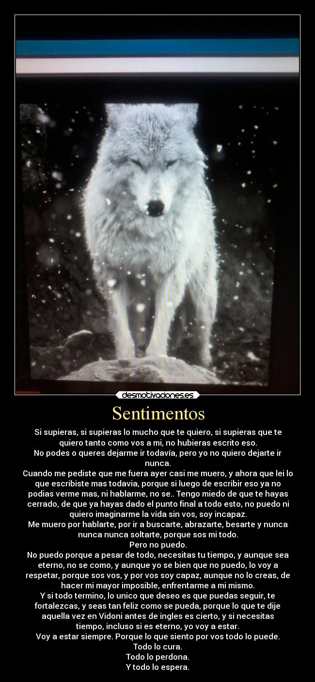 Sentimentos - Si supieras, si supieras lo mucho que te quiero, si supieras que te
quiero tanto como vos a mi, no hubieras escrito eso.
No podes o queres dejarme ir todavía, pero yo no quiero dejarte ir
nunca.
Cuando me pediste que me fuera ayer casi me muero, y ahora que lei lo
que escribiste mas todavia, porque si luego de escribir eso ya no
podias verme mas, ni hablarme, no se.. Tengo miedo de que te hayas
cerrado, de que ya hayas dado el punto final a todo esto, no puedo ni
quiero imaginarme la vida sin vos, soy incapaz.
Me muero por hablarte, por ir a buscarte, abrazarte, besarte y nunca
nunca nunca soltarte, porque sos mi todo.
Pero no puedo.
No puedo porque a pesar de todo, necesitas tu tiempo, y aunque sea
eterno, no se como, y aunque yo se bien que no puedo, lo voy a
respetar, porque sos vos, y por vos soy capaz, aunque no lo creas, de
hacer mi mayor imposible, enfrentarme a mi mismo.
Y si todo termino, lo unico que deseo es que puedas seguir, te
fortalezcas, y seas tan feliz como se pueda, porque lo que te dije
aquella vez en Vidoni antes de ingles es cierto, y si necesitas
tiempo, incluso si es eterno, yo voy a estar.
Voy a estar siempre. Porque lo que siento por vos todo lo puede.
Todo lo cura.
Todo lo perdona.
Y todo lo espera.
