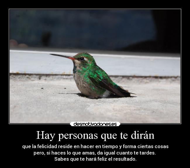 Hay personas que te dirán - que la felicidad reside en hacer en tiempo y forma ciertas cosas
pero, si haces lo que amas, da igual cuanto te tardes. 
Sabes que te hará feliz el resultado.