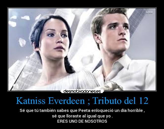 Katniss Everdeen ; Tributo del 12 - Sé que tú también sabes que Peeta enloqueció un día horrible ,
sé que lloraste al igual que yo .
ERES UNO DE NOSOTROS