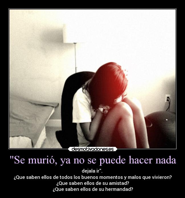 Se murió, ya no se puede hacer nada - dejala ir.
¿Que saben ellos de todos los buenos momentos y malos que vivieron?
¿Que saben ellos de su amistad?
¿Que saben ellos de su hermandad?