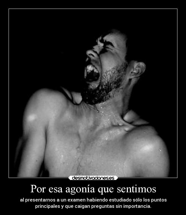 Por esa agonía que sentimos - al presentarnos a un examen habiendo estudiado sólo los puntos
principales y que caigan preguntas sin importancia.