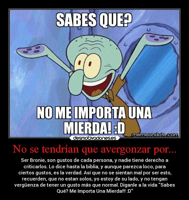 No se tendrían que avergonzar por... - Ser Bronie, son gustos de cada persona, y nadie tiene derecho a
criticarlos. Lo dice hasta la biblia, y aunque parezca loco, para
ciertos gustos, es la verdad. Así que no se sientan mal por ser esto,
recuerden, que no estan solos, yo estoy de su lado, y no tengan
vergüenza de tener un gusto más que normal. Diganle a la vida Sabes
Qué? Me Importa Una Mierda!!! :D