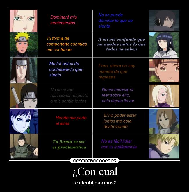 carteles naruto anime sasuke sakura shikamaru gaara neji indirectas relacion desmotivaciones