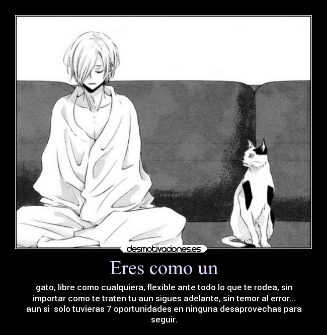 Eres como un - gato, libre como cualquiera, flexible ante todo lo que te rodea, sin
importar como te traten tu aun sigues adelante, sin temor al error...
aun si  solo tuvieras 7 oportunidades en ninguna desaprovechas para
seguir.