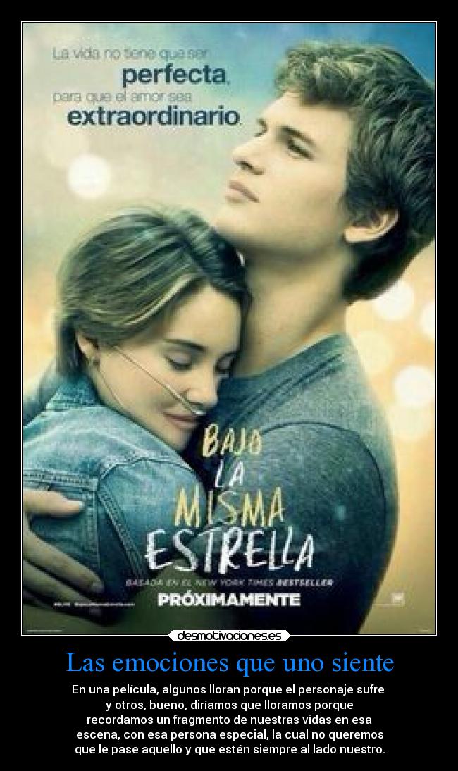 Las emociones que uno siente - En una película, algunos lloran porque el personaje sufre 
y otros, bueno, diríamos que lloramos porque
recordamos un fragmento de nuestras vidas en esa
escena, con esa persona especial, la cual no queremos
que le pase aquello y que estén siempre al lado nuestro.