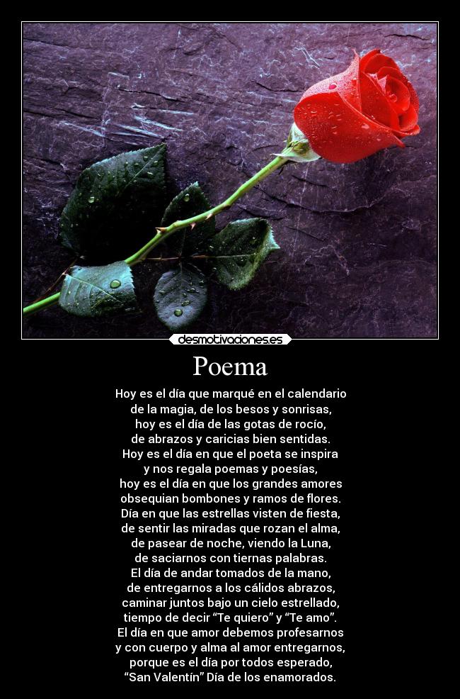Poema - Hoy es el día que marqué en el calendario
de la magia, de los besos y sonrisas,
hoy es el día de las gotas de rocío,
de abrazos y caricias bien sentidas.
Hoy es el día en que el poeta se inspira
y nos regala poemas y poesías,
hoy es el día en que los grandes amores
obsequian bombones y ramos de flores.
Día en que las estrellas visten de fiesta,
de sentir las miradas que rozan el alma,
de pasear de noche, viendo la Luna,
de saciarnos con tiernas palabras.
El día de andar tomados de la mano,
de entregarnos a los cálidos abrazos,
caminar juntos bajo un cielo estrellado,
tiempo de decir “Te quiero” y “Te amo”.
El día en que amor debemos profesarnos
y con cuerpo y alma al amor entregarnos,
porque es el día por todos esperado,
“San Valentín” Día de los enamorados.