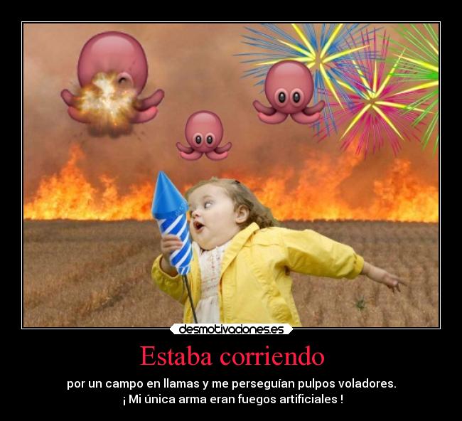 Estaba corriendo - por un campo en llamas y me perseguían pulpos voladores.
¡ Mi única arma eran fuegos artificiales !