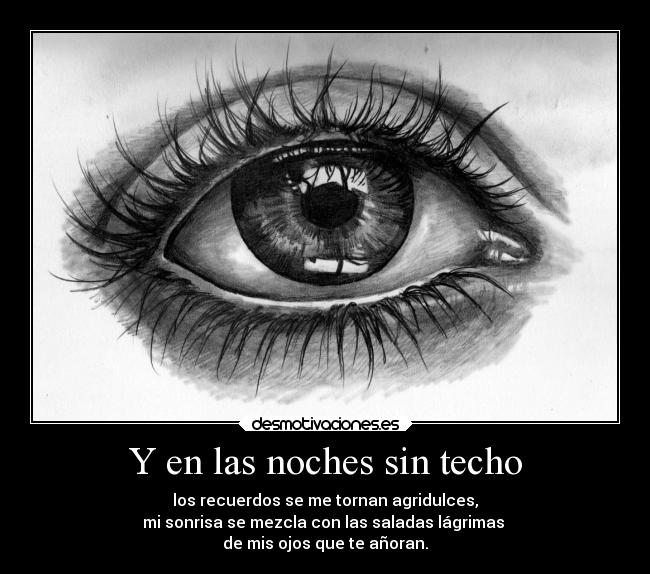 Y en las noches sin techo - los recuerdos se me tornan agridulces,
mi sonrisa se mezcla con las saladas lágrimas
de mis ojos que te añoran.
