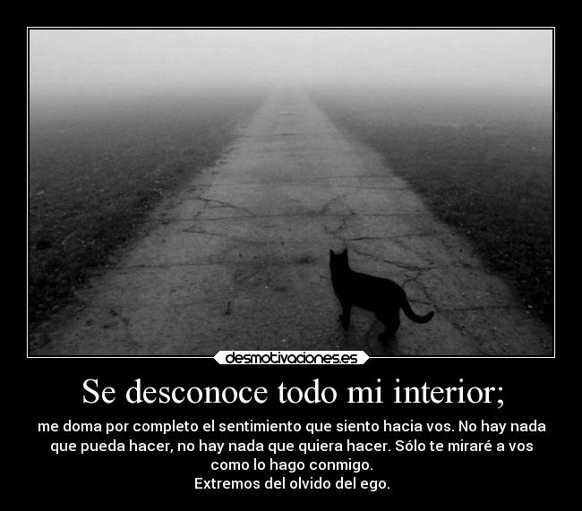 Se desconoce todo mi interior; - me doma por completo el sentimiento que siento hacia vos. No hay nada
que pueda hacer, no hay nada que quiera hacer. Sólo te miraré a vos
como lo hago conmigo.
Extremos del olvido del ego.