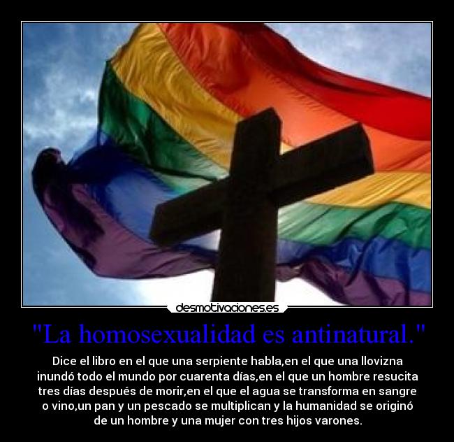 La homosexualidad es antinatural. - Dice el libro en el que una serpiente habla,en el que una llovizna
inundó todo el mundo por cuarenta días,en el que un hombre resucita
tres días después de morir,en el que el agua se transforma en sangre
o vino,un pan y un pescado se multiplican y la humanidad se originó
de un hombre y una mujer con tres hijos varones.
