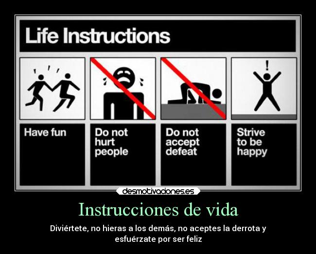 Instrucciones de vida - Diviértete, no hieras a los demás, no aceptes la derrota y
esfuérzate por ser feliz