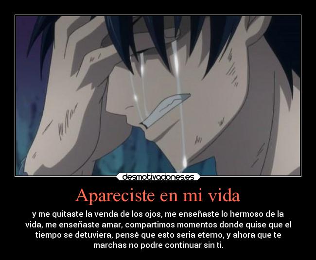 Apareciste en mi vida - y me quitaste la venda de los ojos, me enseñaste lo hermoso de la
vida, me enseñaste amar, compartimos momentos donde quise que el
tiempo se detuviera, pensé que esto seria eterno, y ahora que te
marchas no podre continuar sin ti.