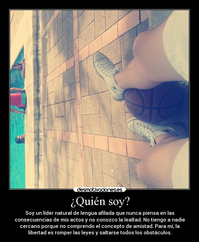 ¿Quién soy? - Soy un líder natural de lengua afilada que nunca piensa en las
consecuencias de mis actos y no conozco la lealtad. No tiengo a nadie
cercano porque no comprendo el concepto de amistad. Para mí, la
libertad es romper las leyes y saltarse todos los obstáculos.