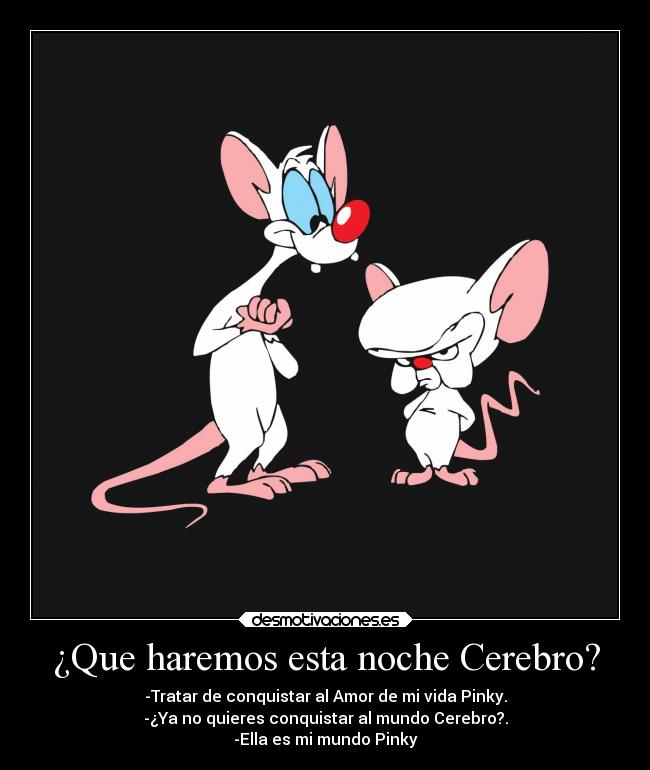 ¿Que haremos esta noche Cerebro? - -Tratar de conquistar al Amor de mi vida Pinky.
-¿Ya no quieres conquistar al mundo Cerebro?.
-Ella es mi mundo Pinky