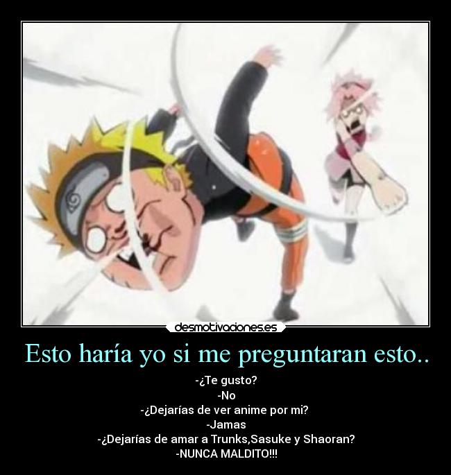 Esto haría yo si me preguntaran esto.. - -¿Te gusto?
-No
-¿Dejarías de ver anime por mi? 
-Jamas
-¿Dejarías de amar a Trunks,Sasuke y Shaoran?
-NUNCA MALDITO!!!
