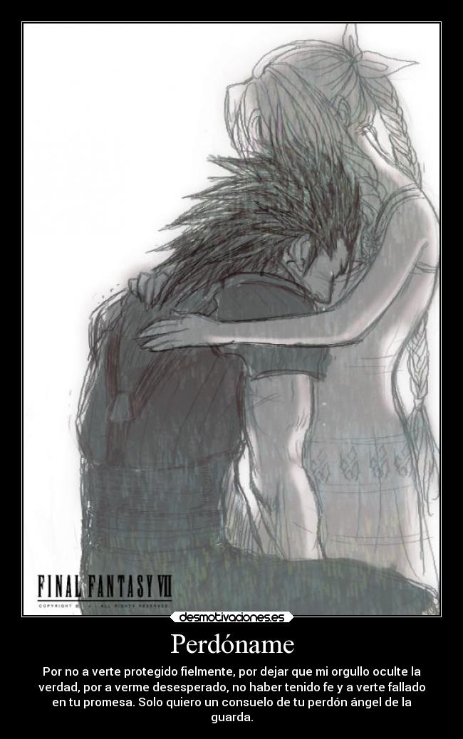 carteles anime final fantasy siete zack fair aerith gainsborough perdon arrepentimiento desmotivaciones