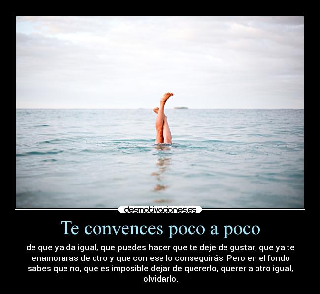 Te convences poco a poco - de que ya da igual, que puedes hacer que te deje de gustar, que ya te
enamoraras de otro y que con ese lo conseguirás. Pero en el fondo
sabes que no, que es imposible dejar de quererlo, querer a otro igual,
olvidarlo.