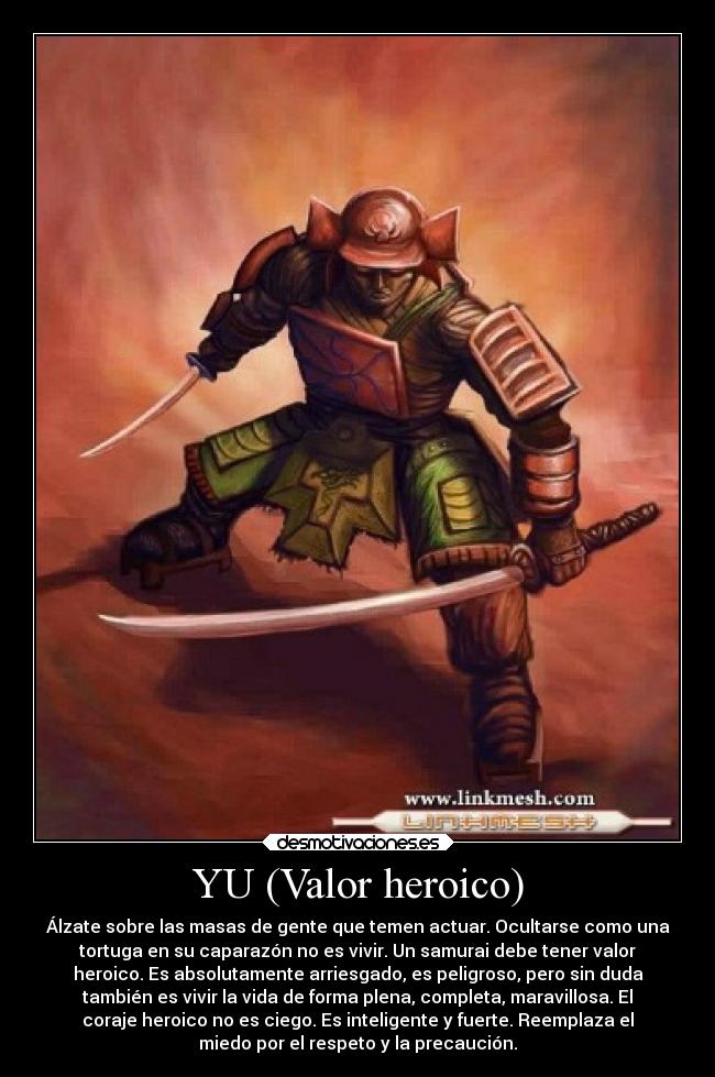 YU (Valor heroico) - Álzate sobre las masas de gente que temen actuar. Ocultarse como una
tortuga en su caparazón no es vivir. Un samurai debe tener valor
heroico. Es absolutamente arriesgado, es peligroso, pero sin duda
también es vivir la vida de forma plena, completa, maravillosa. El
coraje heroico no es ciego. Es inteligente y fuerte. Reemplaza el
miedo por el respeto y la precaución.
