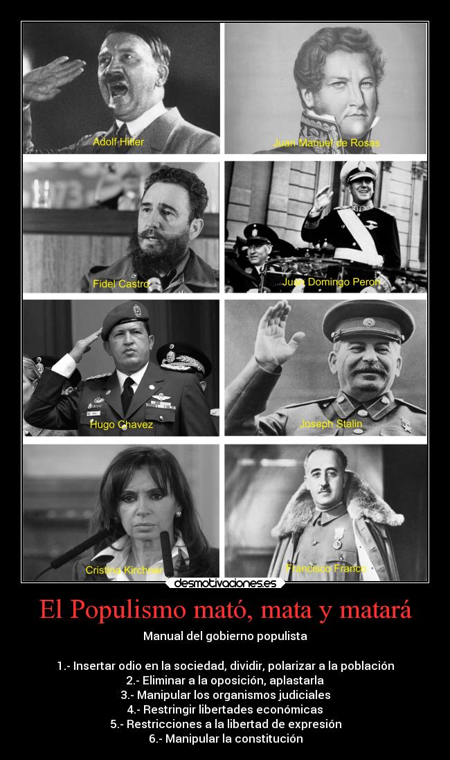 El Populismo mató, mata y matará - Manual del gobierno populista

1.- Insertar odio en la sociedad, dividir, polarizar a la población
2.- Eliminar a la oposición, aplastarla
3.- Manipular los organismos judiciales
4.- Restringir libertades económicas
5.- Restricciones a la libertad de expresión
6.- Manipular la constitución