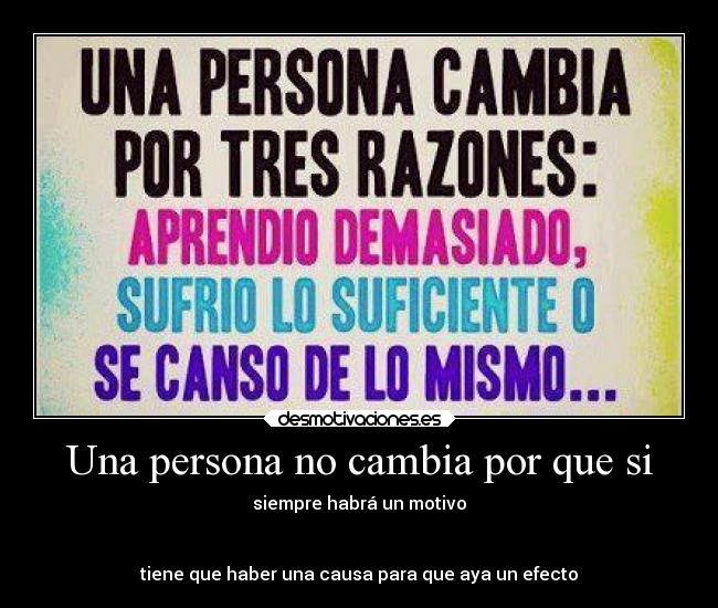 Una persona no cambia por que si - siempre habrá un motivo


tiene que haber una causa para que aya un efecto