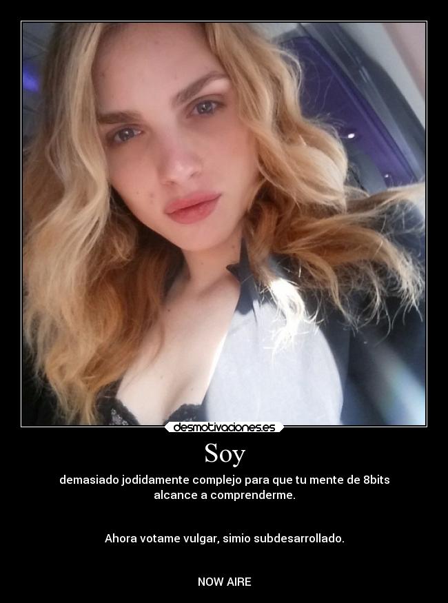 Soy - demasiado jodidamente complejo para que tu mente de 8bits
alcance a comprenderme.
Ahora votame vulgar, simio subdesarrollado.
NOW AIRE