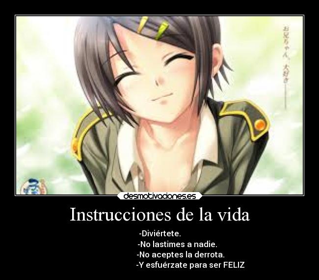 Instrucciones de la vida - -Diviértete.
-No lastimes a nadie.
-No aceptes la derrota.
-Y esfuérzate para ser FELIZ