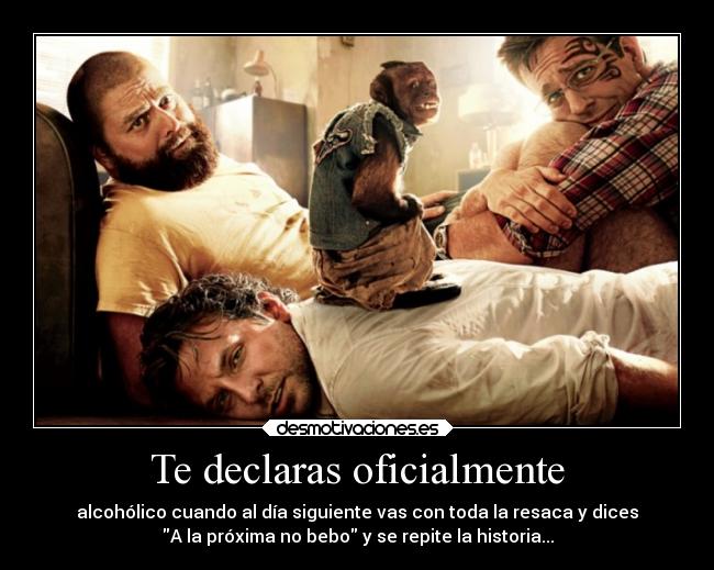 Te declaras oficialmente - alcohólico cuando al día siguiente vas con toda la resaca y dices
A la próxima no bebo y se repite la historia...
