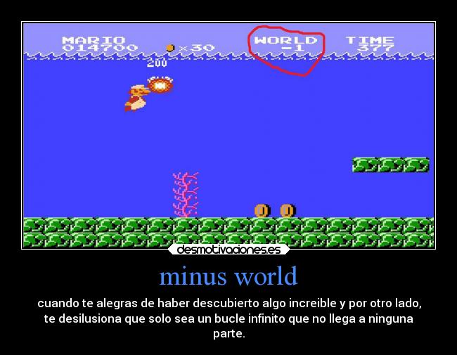 minus world - cuando te alegras de haber descubierto algo increible y por otro lado,
te desilusiona que solo sea un bucle infinito que no llega a ninguna
parte.