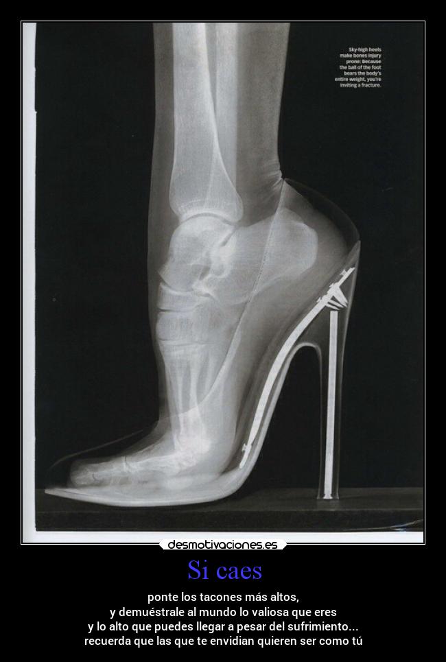Si caes - ponte los tacones más altos,
y demuéstrale al mundo lo valiosa que eres
y lo alto que puedes llegar a pesar del sufrimiento...
recuerda que las que te envidian quieren ser como tú