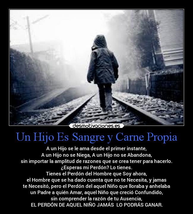 Un Hijo Es Sangre y Carne Propia - A un Hijo se le ama desde el primer instante,
A un Hijo no se Niega, A un Hijo no se Abandona,
sin importar la amplitud de razones que se crea tener para hacerlo.
¿Esperas mi Perdón? Lo tienes.
Tienes el Perdón del Hombre que Soy ahora,
el Hombre que se ha dado cuenta que no te Necesita, y jamas
te Necesitó, pero el Perdón del aquel Niño que lloraba y anhelaba
un Padre a quién Amar, aquel Niño que creció Confundido,
sin comprender la razón de tu Ausencia,
EL PERDÓN DE AQUEL NIÑO JAMÁS LO PODRÁS GANAR.