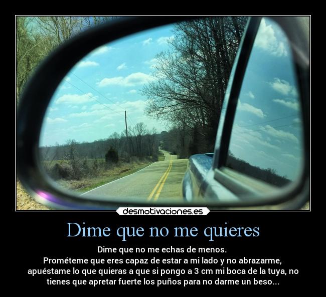Dime que no me quieres - Dime que no me echas de menos. 
Prométeme que eres capaz de estar a mi lado y no abrazarme, 
apuéstame lo que quieras a que si pongo a 3 cm mi boca de la tuya, no
tienes que apretar fuerte los puños para no darme un beso...