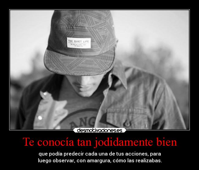 Te conocía tan jodidamente bien - que podía predecir cada una de tus acciones, para
luego observar, con amargura, cómo las realizabas.